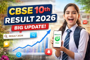 CBSE 10th Result 2026 update banner with student checking result on phone”
